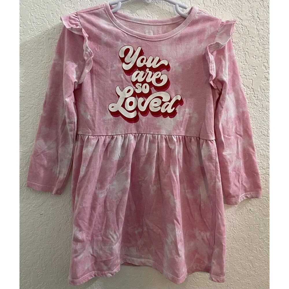 Wonder Nation Girls 4T Pink Tie Dye You Are So Loved Ruffle Dress Long Sleeve